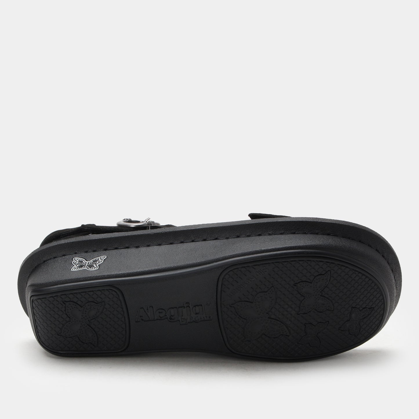 Black sandal with brand logo on a light gray background