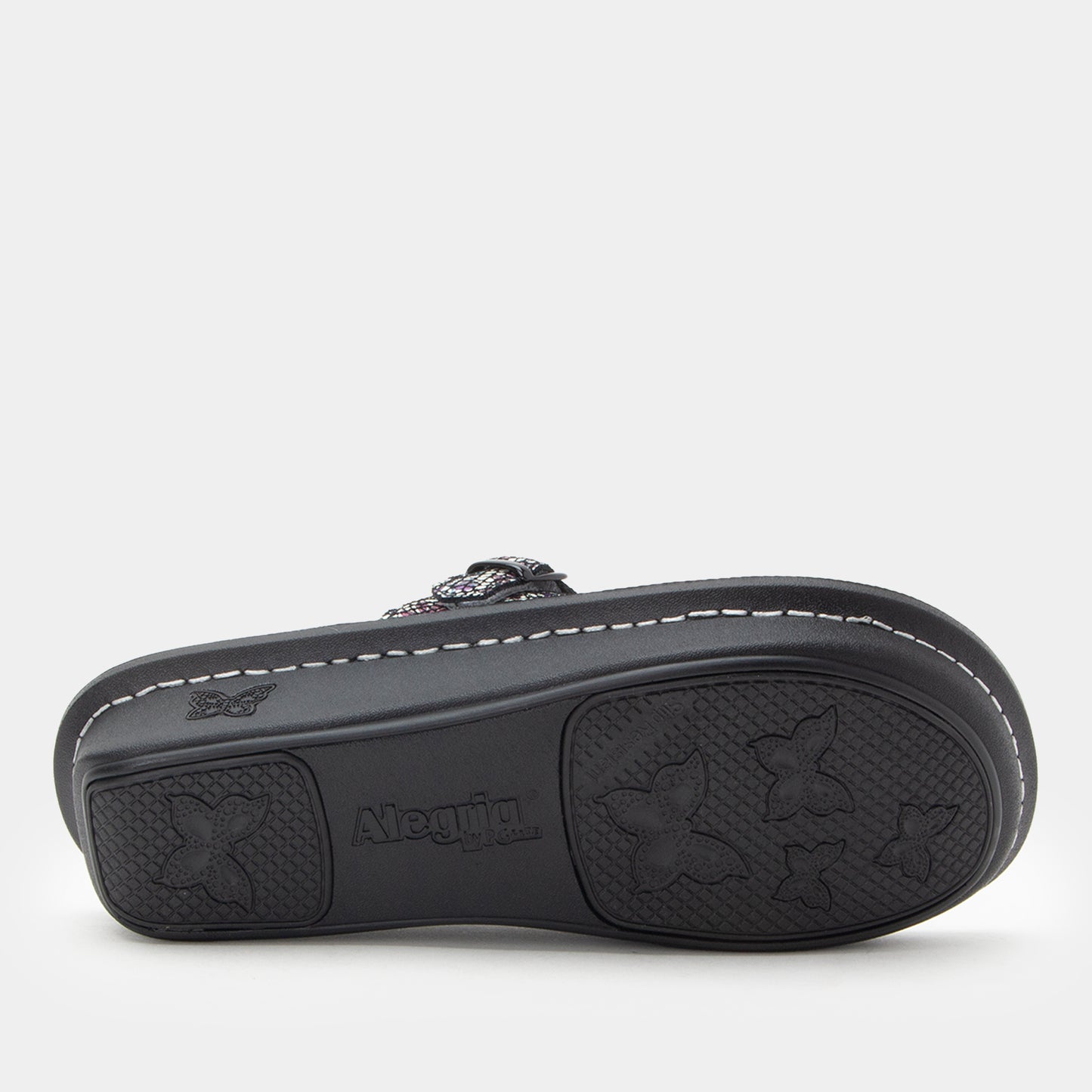 Black sandal with brand logo on a white background