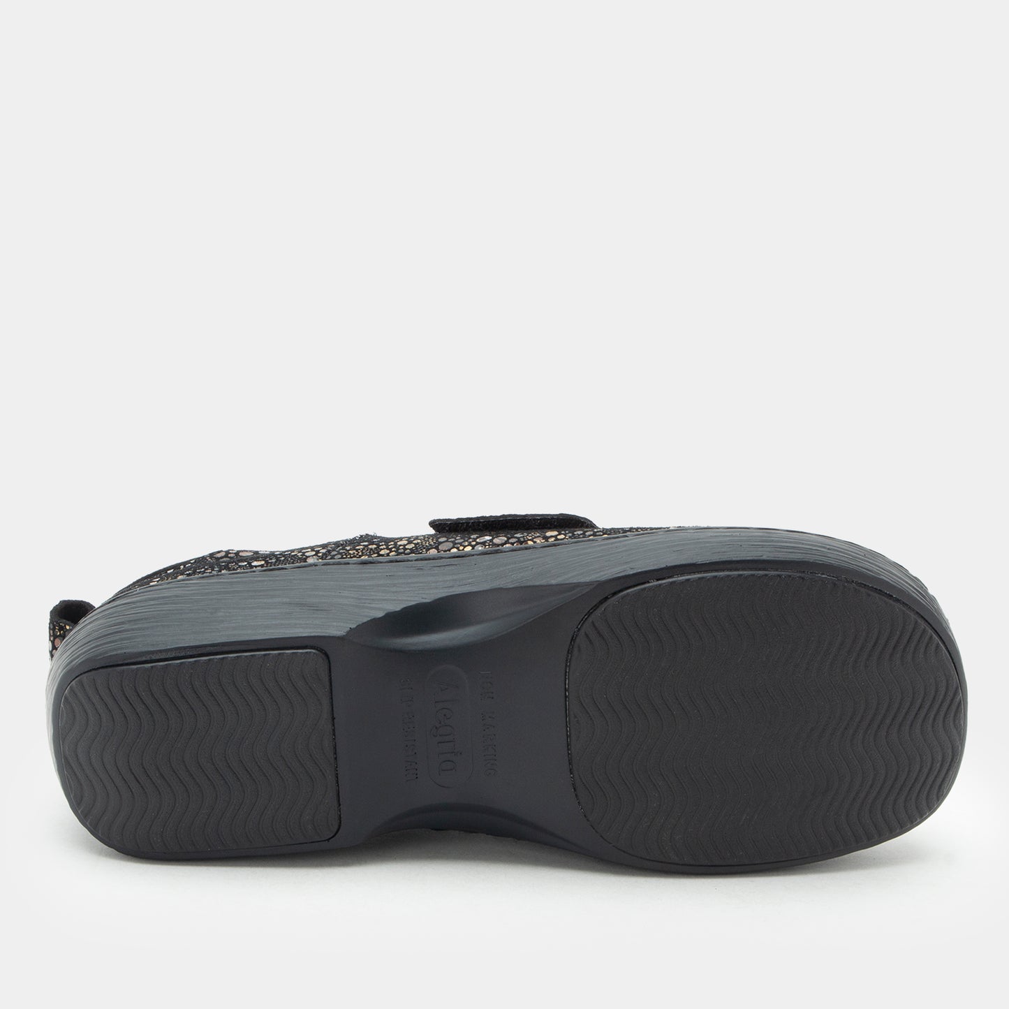 Black shoe sole with brand logo on a white background