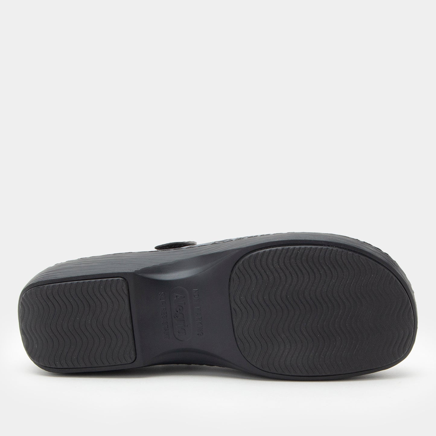 Black shoe sole with brand logo on a white background