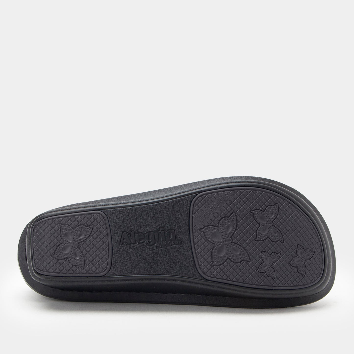 Black sandal sole with brand logo on a white background