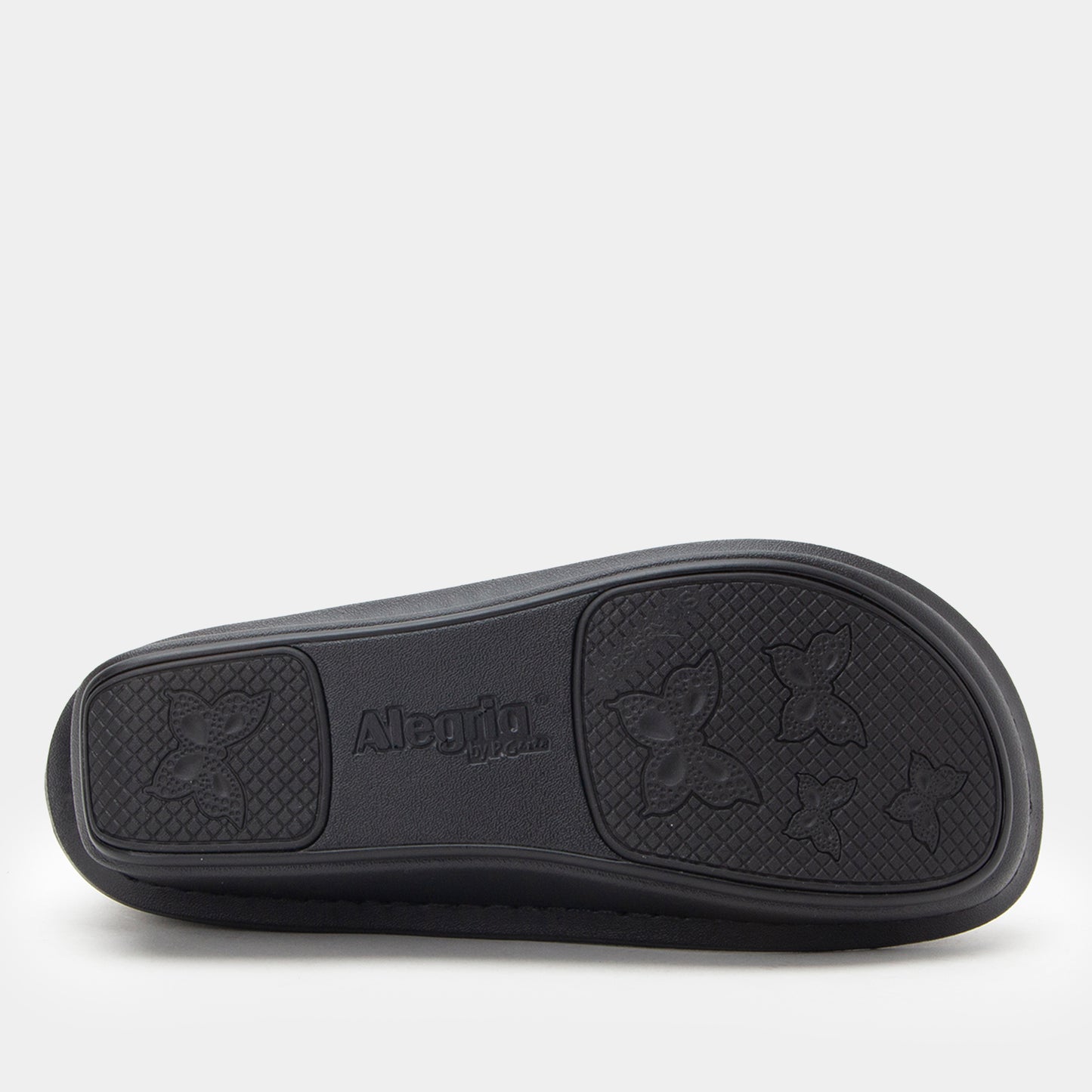 Black sandal sole with brand logo on a white background
