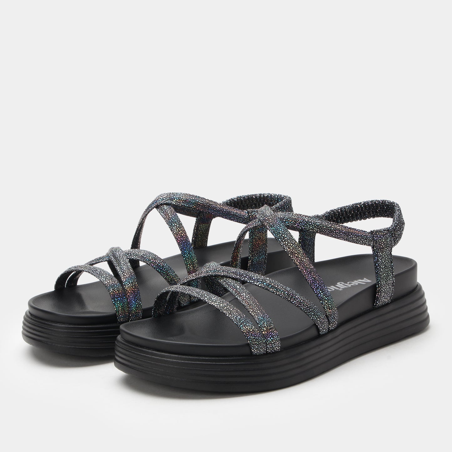 Black sandals with multicolored straps on a white background
