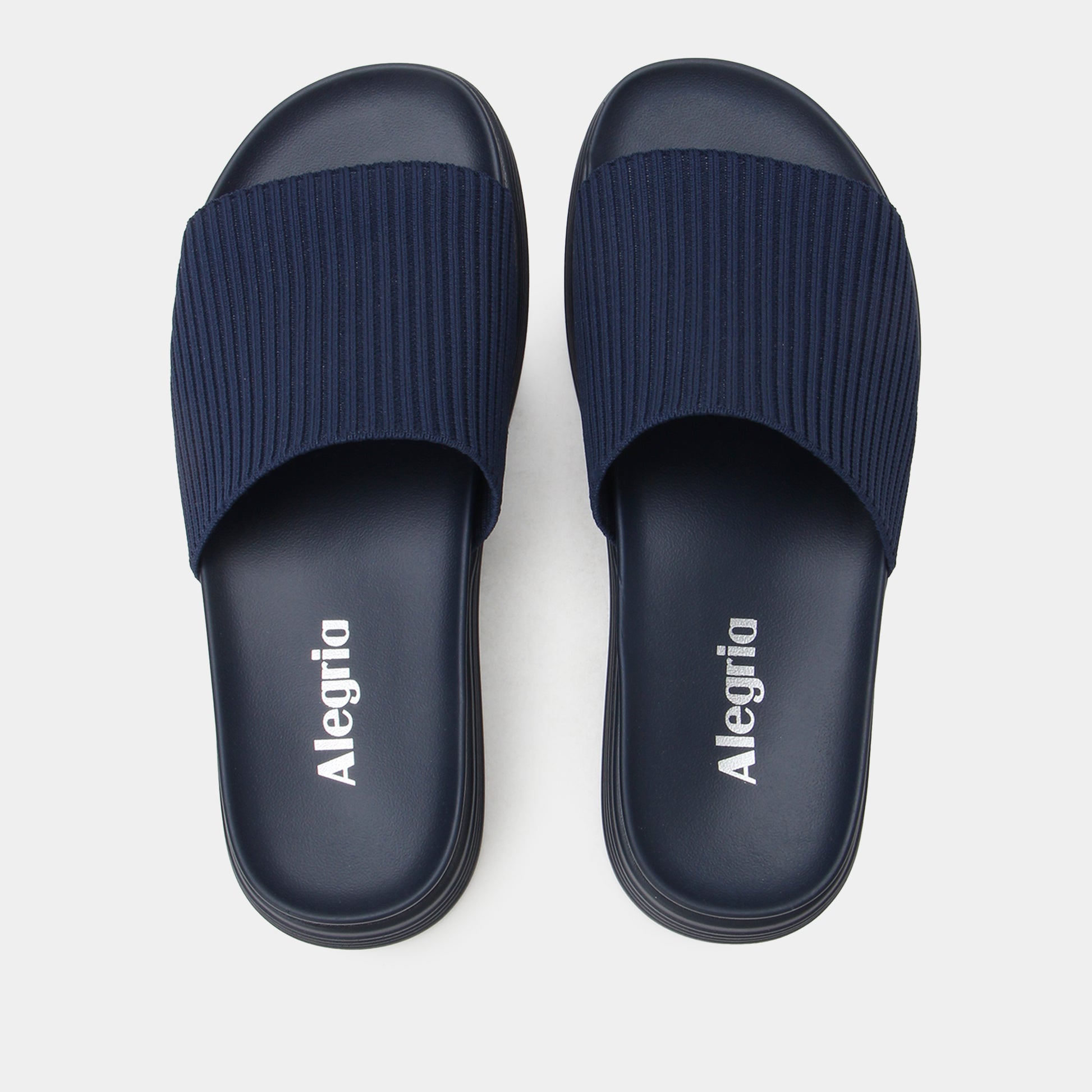 Pair of navy blue slides with 'Alegria' branding on a light gray background
