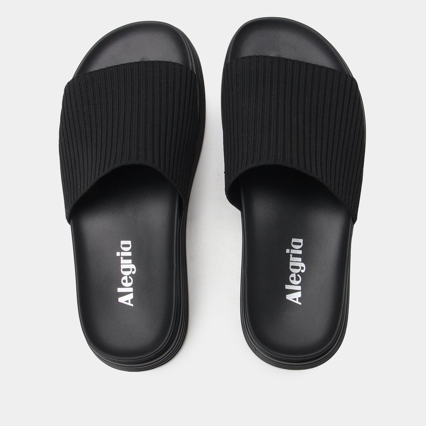 Black slides with 'Alegria' branding on a light gray background