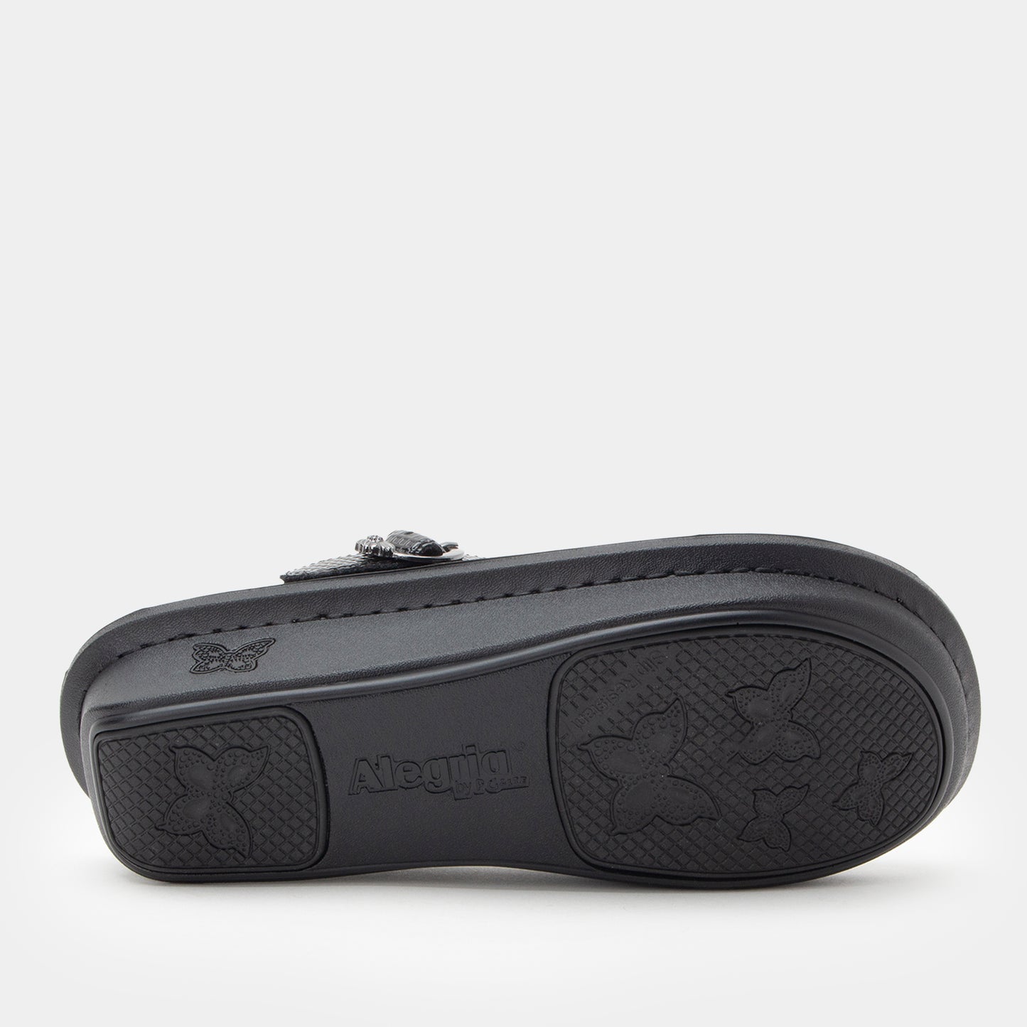 Black clog sole with brand logo on a white background