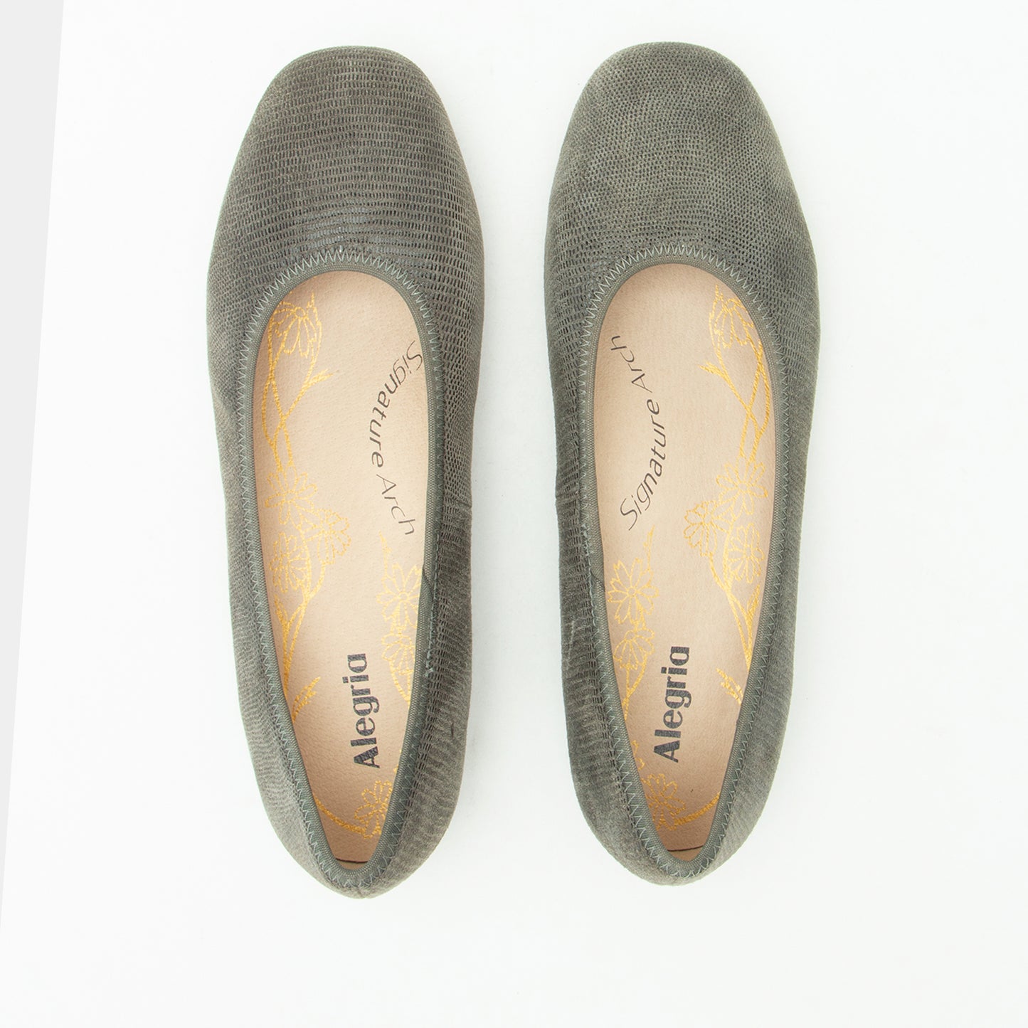 Pair of gray Alegria shoes on a white background