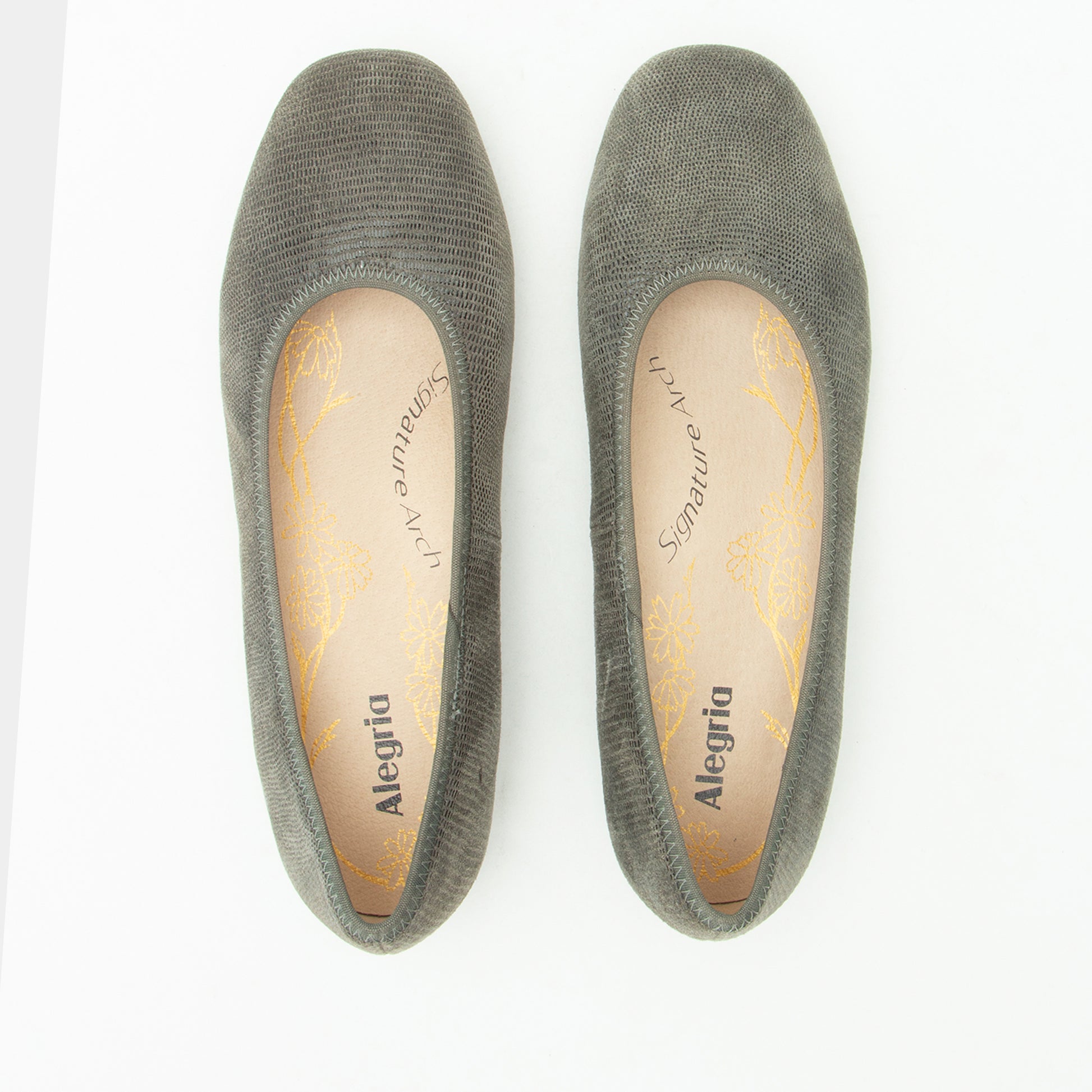 Pair of gray Alegria shoes on a white background
