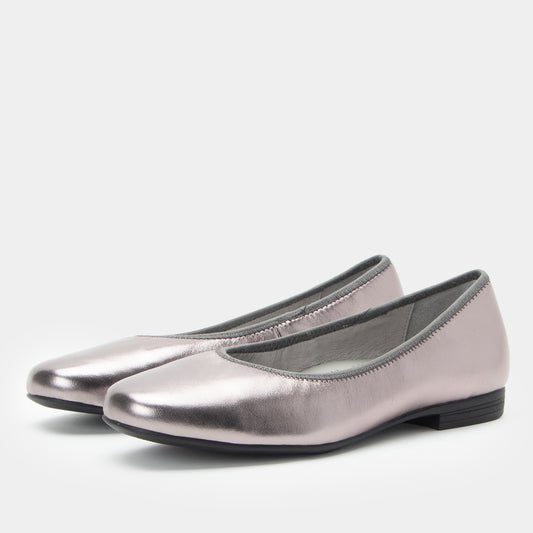 Pair of silver metallic flats on a white background
