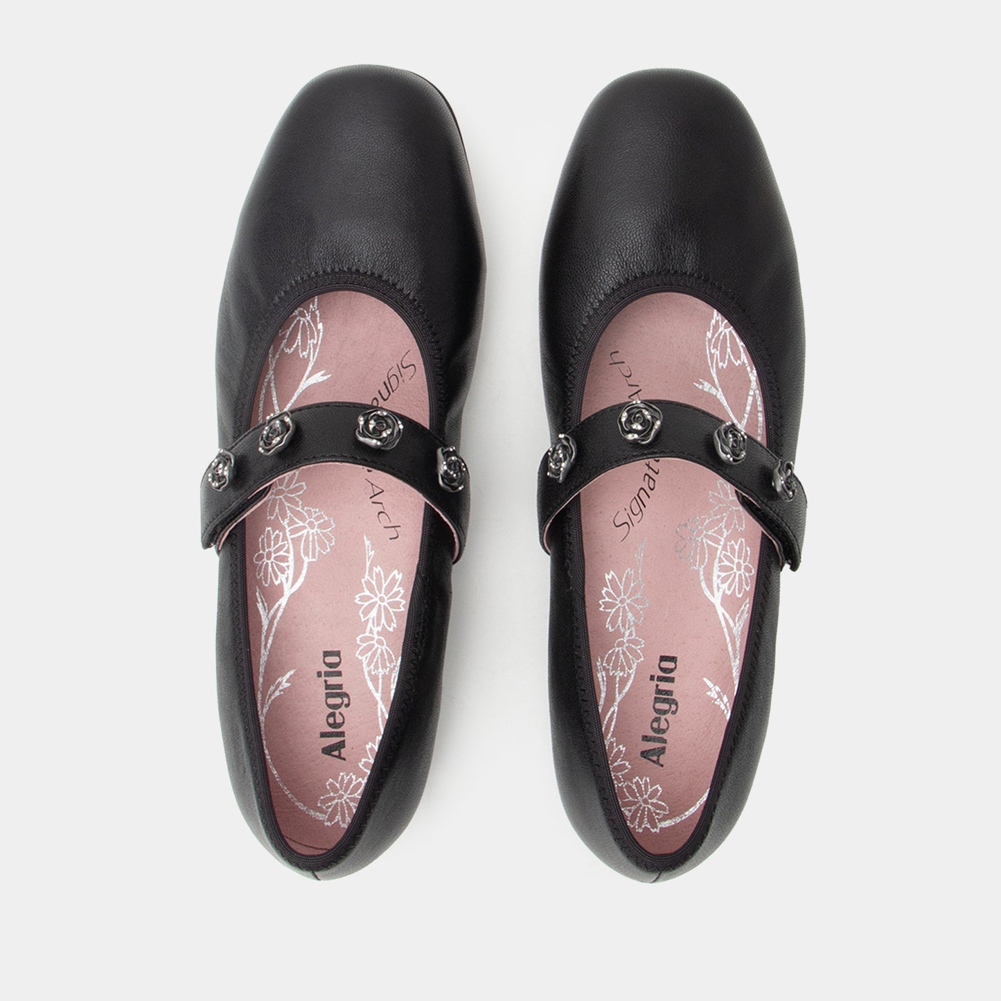 Pair of black shoes with 'Alegria' branding on a white background