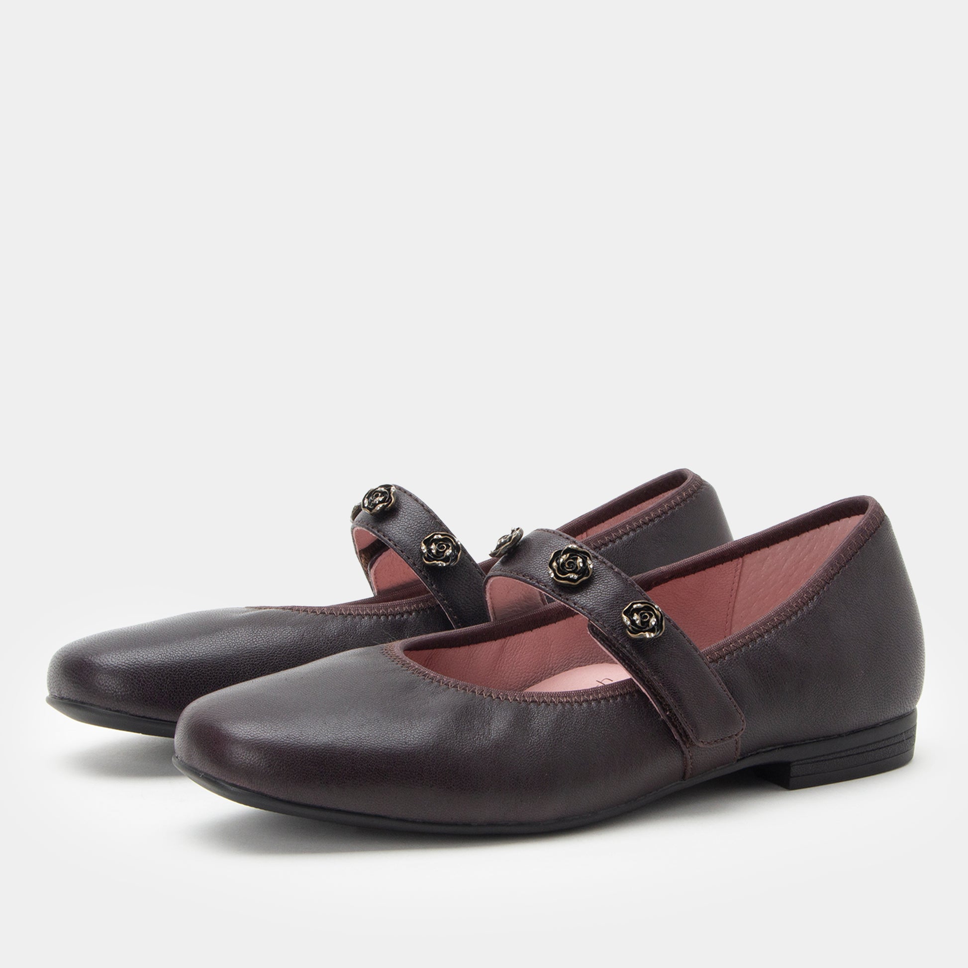 Pair of dark purple shoes with buckles on a light gray background