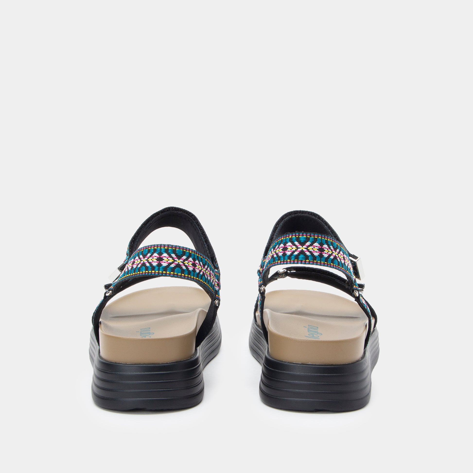 Black sandals with colorful straps on a white background