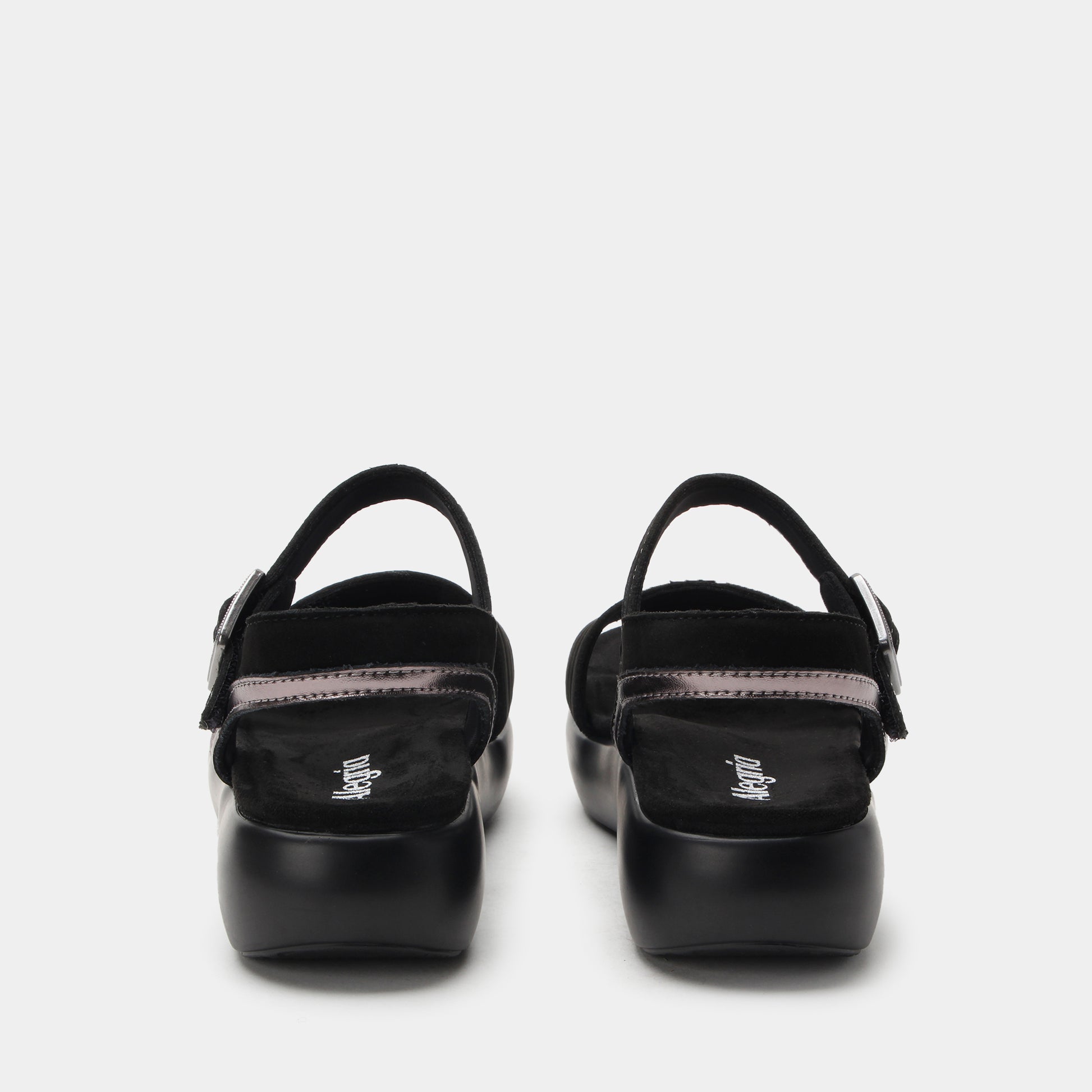 Black sandals with a brand logo on a white background