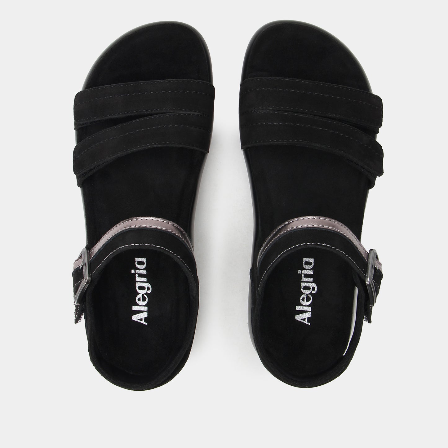 Black sandals with 'Alegria' branding on a white background