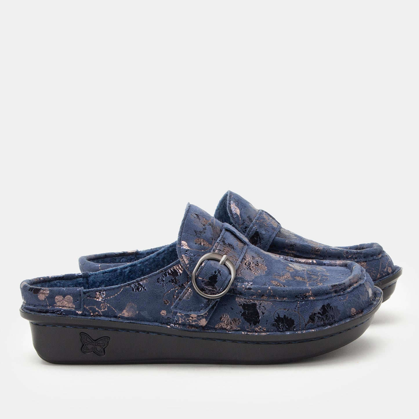 Pair of blue floral-patterned clogs on a white background
