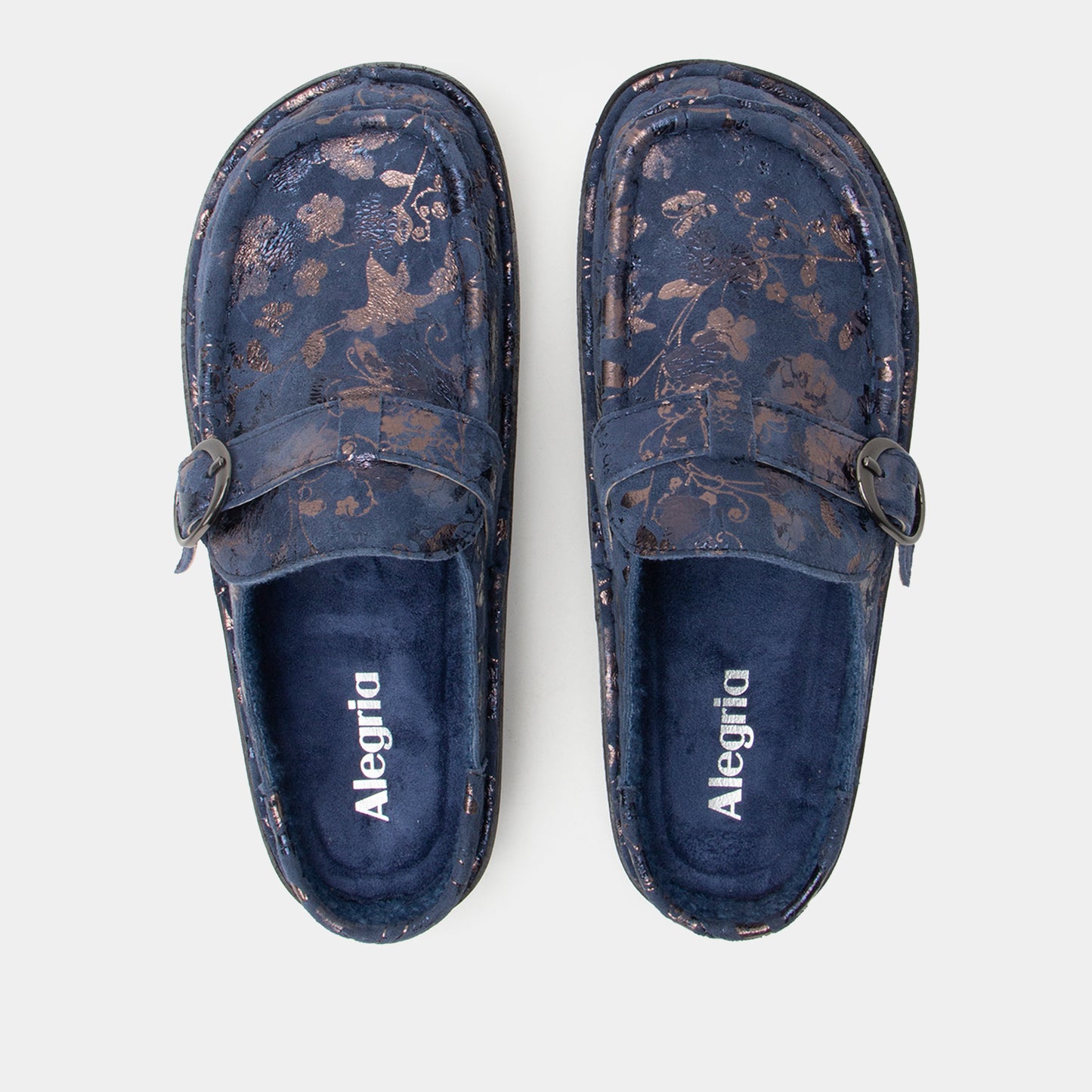 Pair of navy blue floral-patterned slippers with 'Alegria' branding on a white background