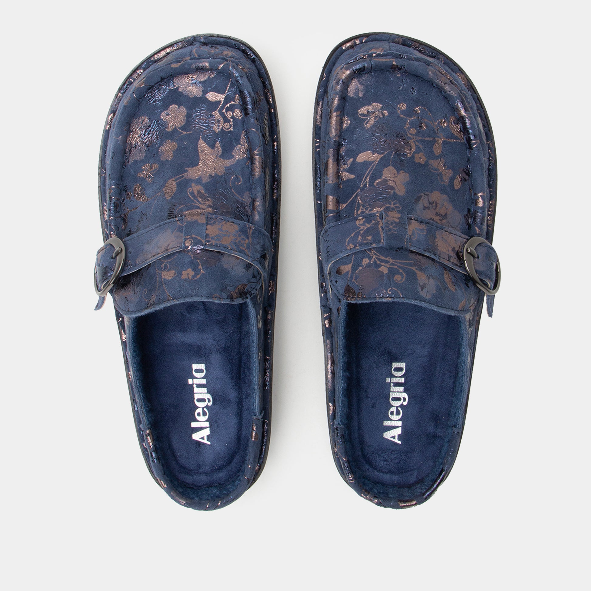 Pair of navy blue floral-patterned slippers with 'Alegria' branding on a white background