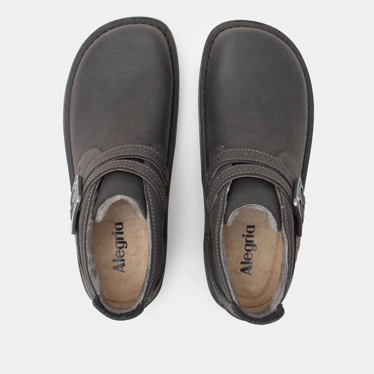 Pair of gray shoes with 'Alegria' branding on a white background