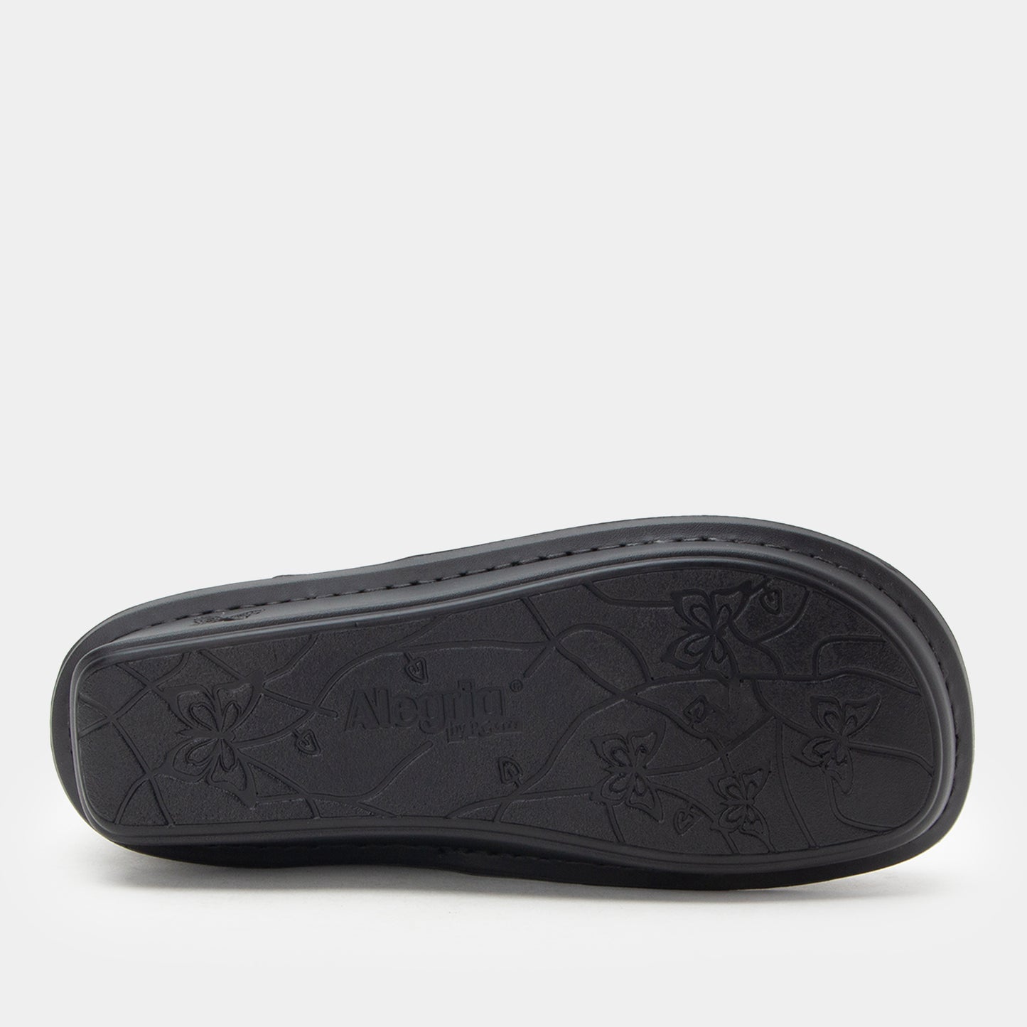 Black sandal sole with brand logo on a white background