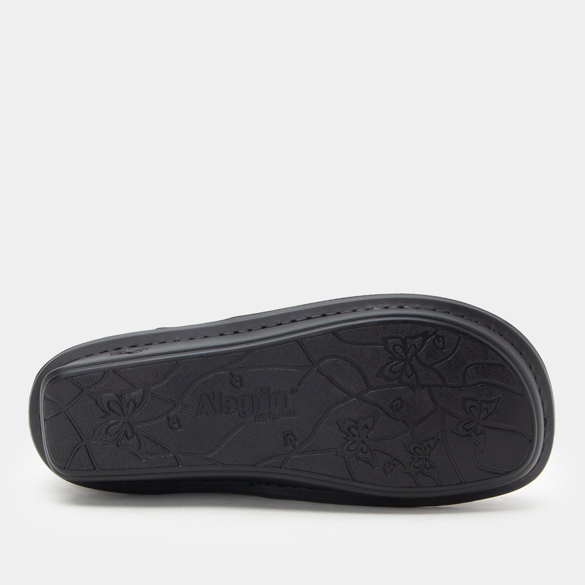 Black sandal sole with brand logo on a white background