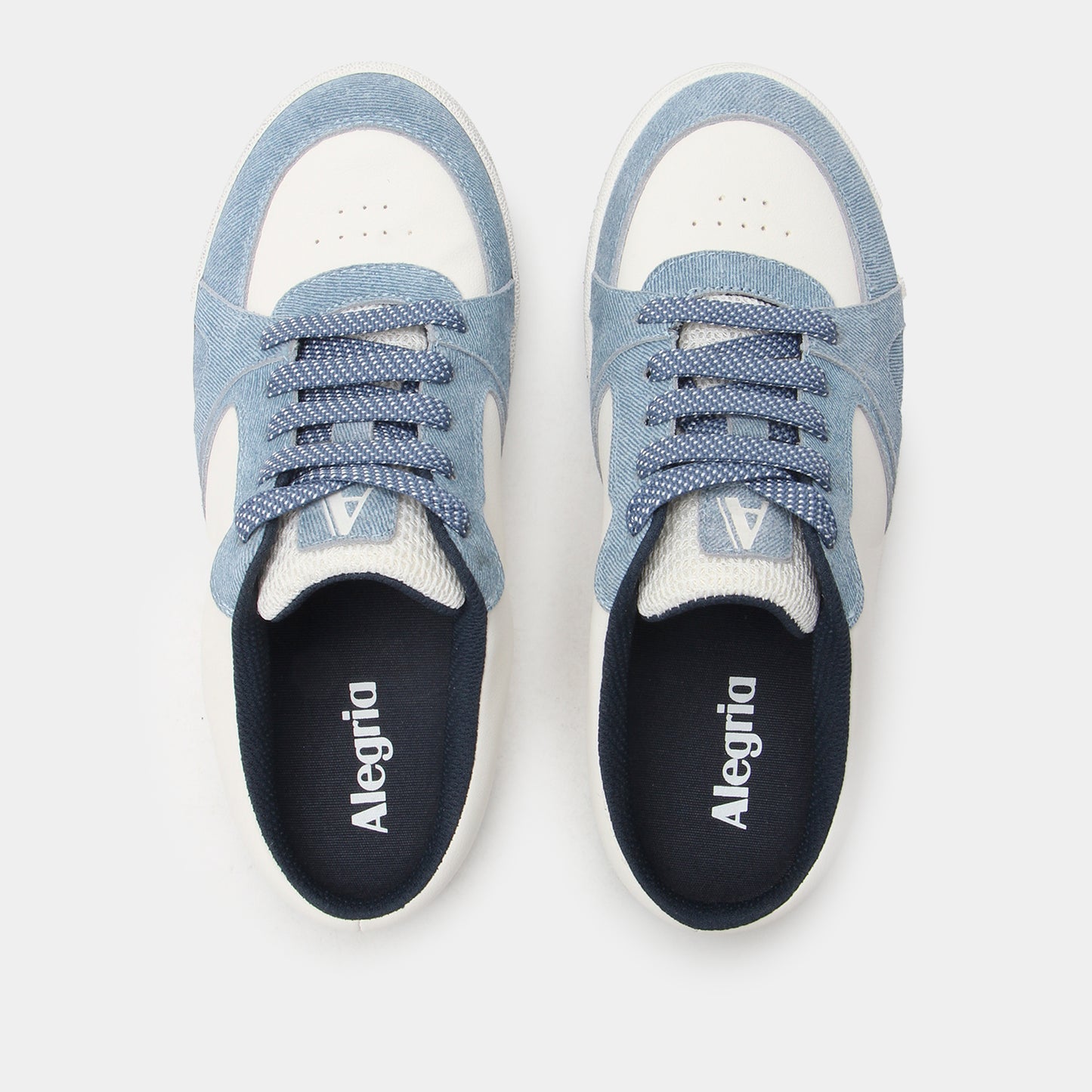 Pair of blue and white sneakers with 'Alegria' branding on a light gray background