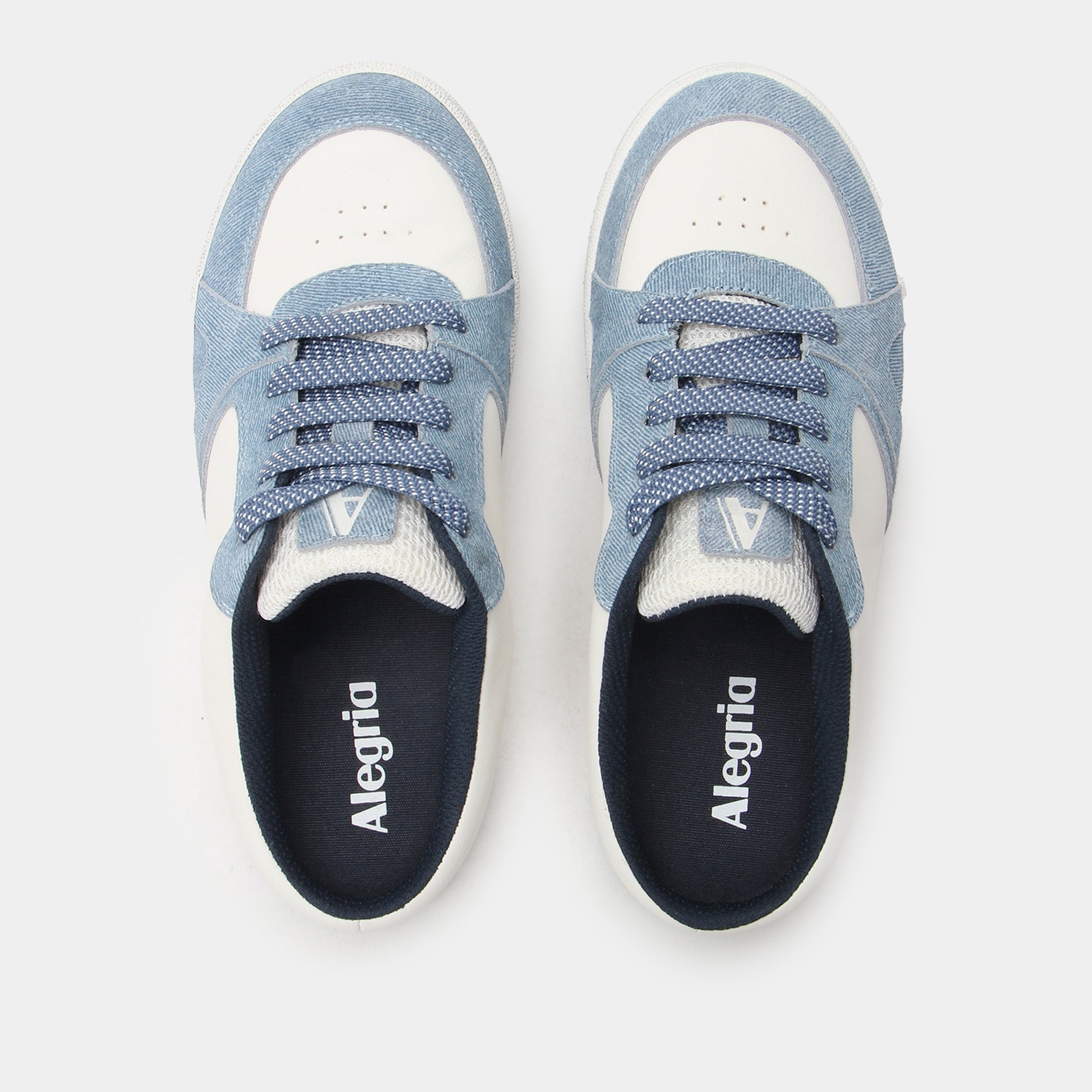 Pair of blue and white sneakers with 'Alegria' branding on a light gray background