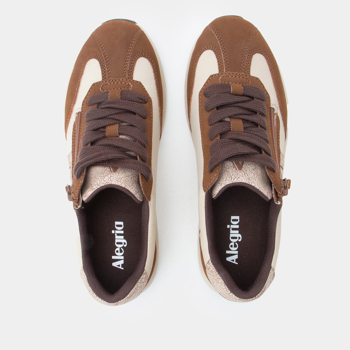 Brown and white sneakers with 'Alegria' branding on a white background
