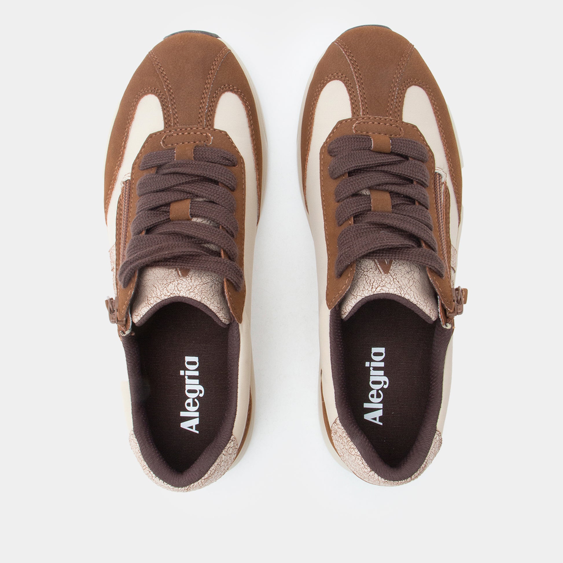 Brown and white sneakers with 'Alegria' branding on a white background