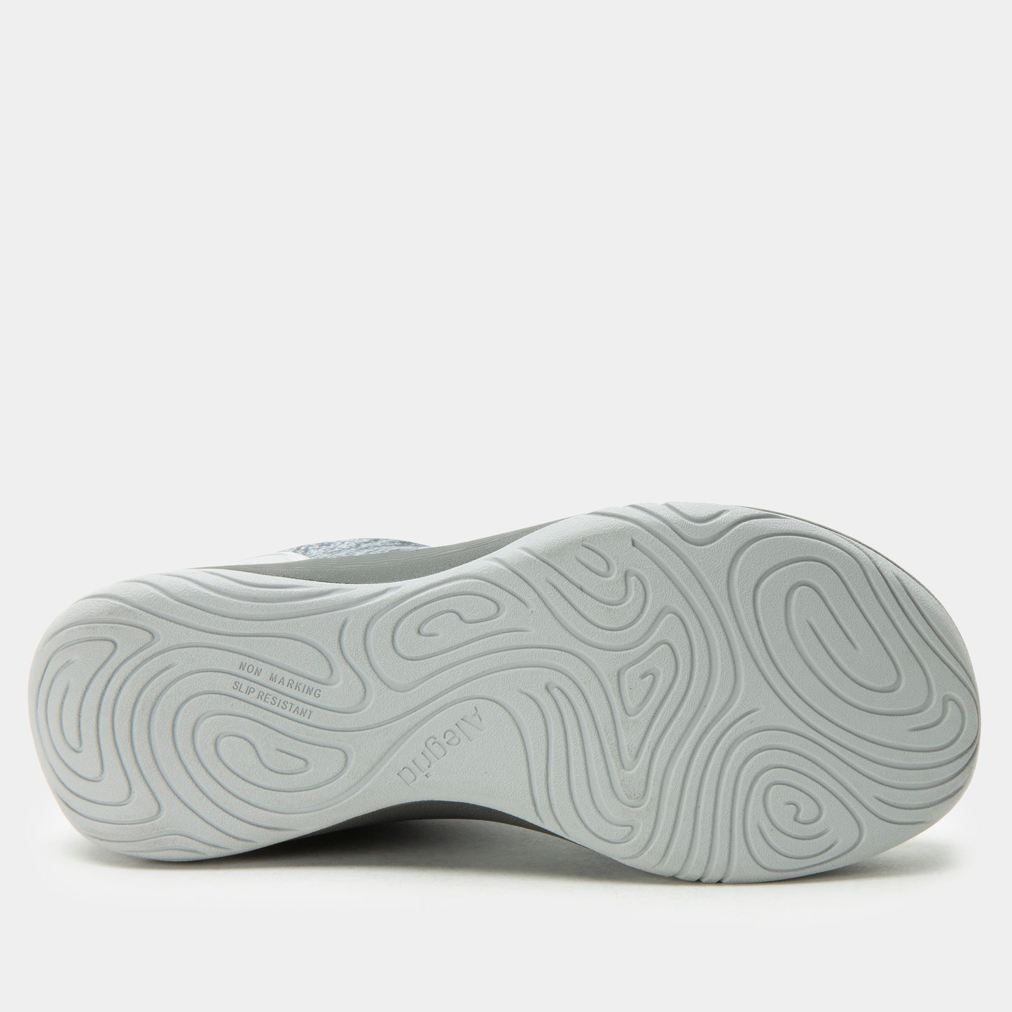 Gray athletic shoe sole with tread pattern on a white background