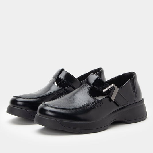Pair of black shoes with a shiny finish on a white background
