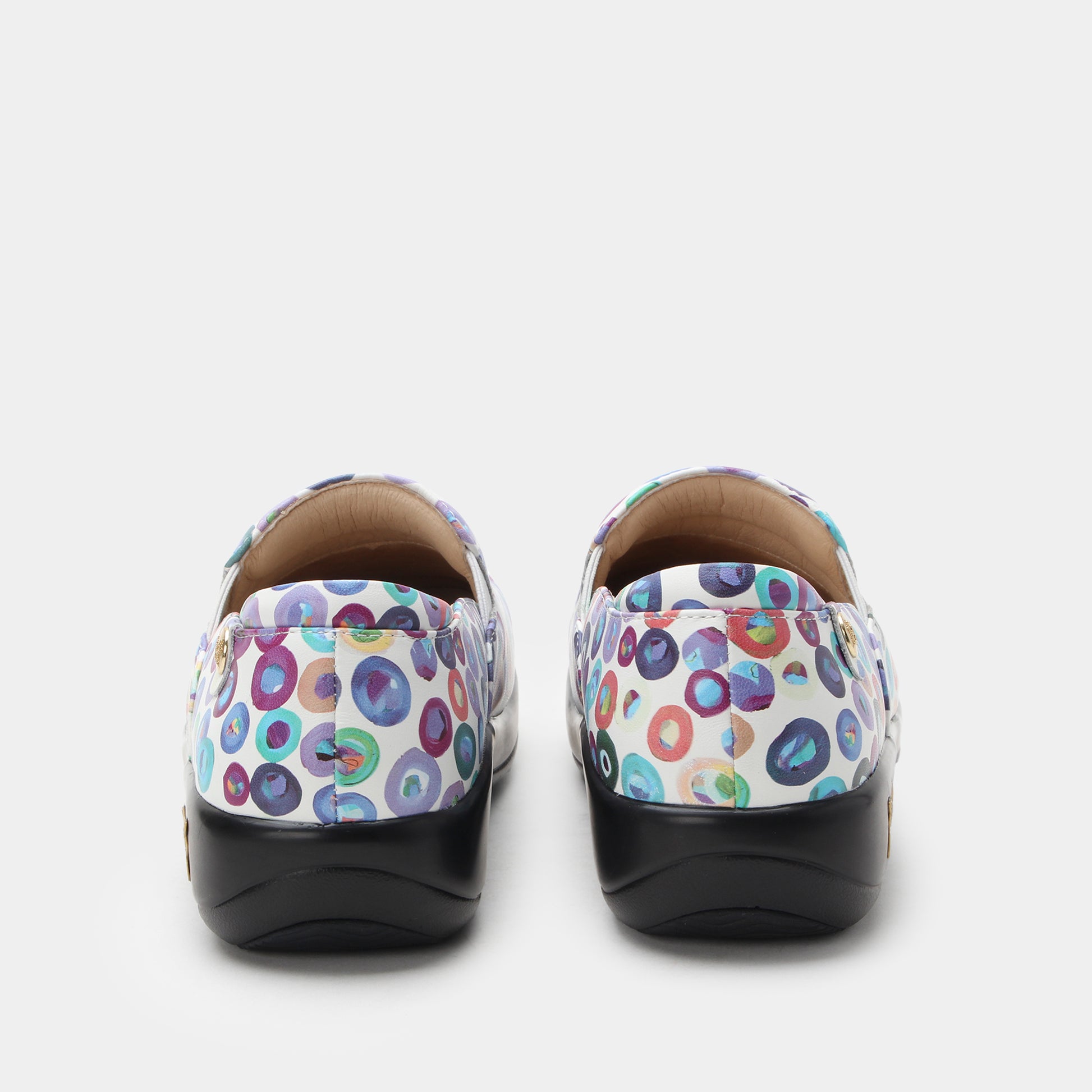Pair of shoes with colorful pattern on a white background