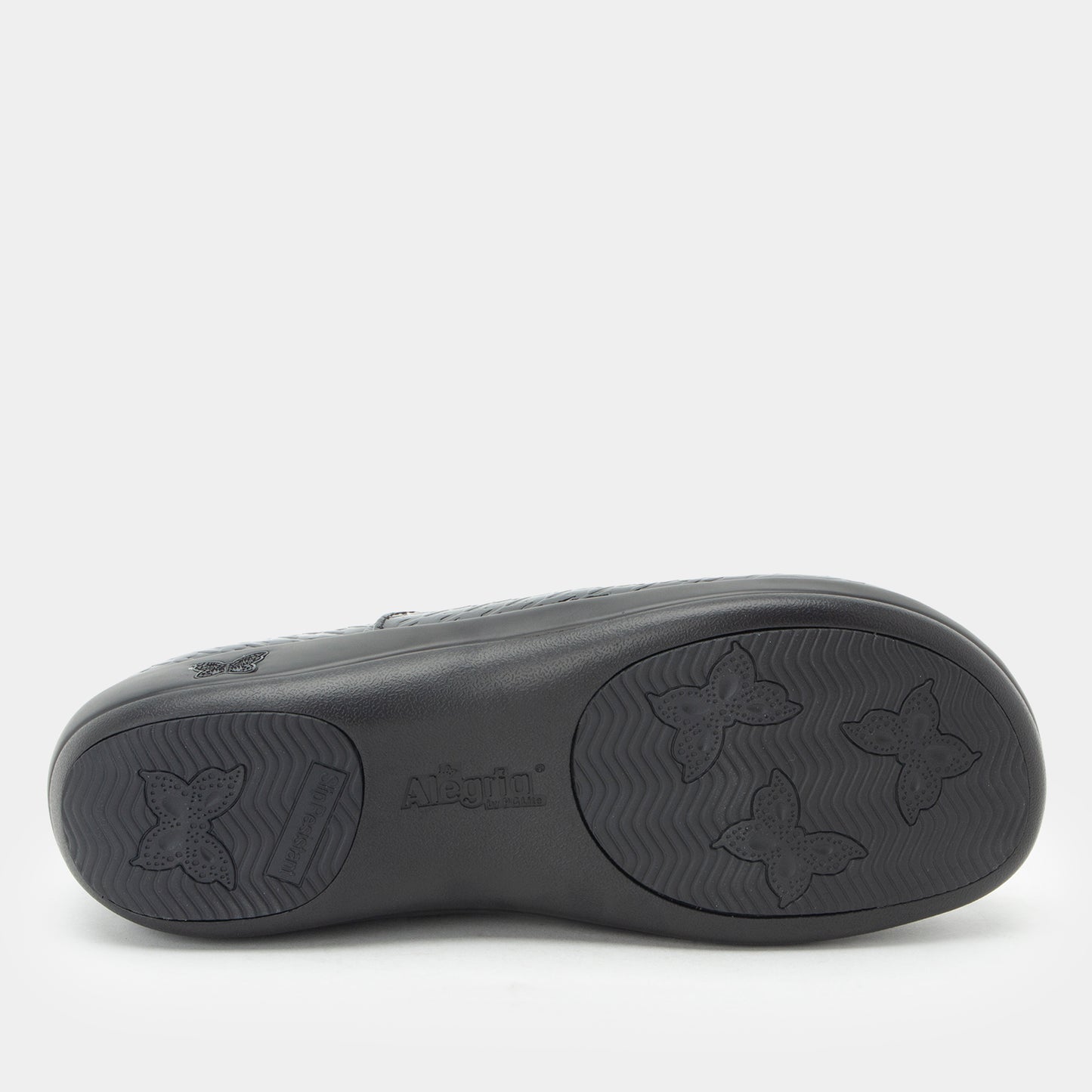 Black shoe sole with butterfly designs and Allbirds logo on a white background