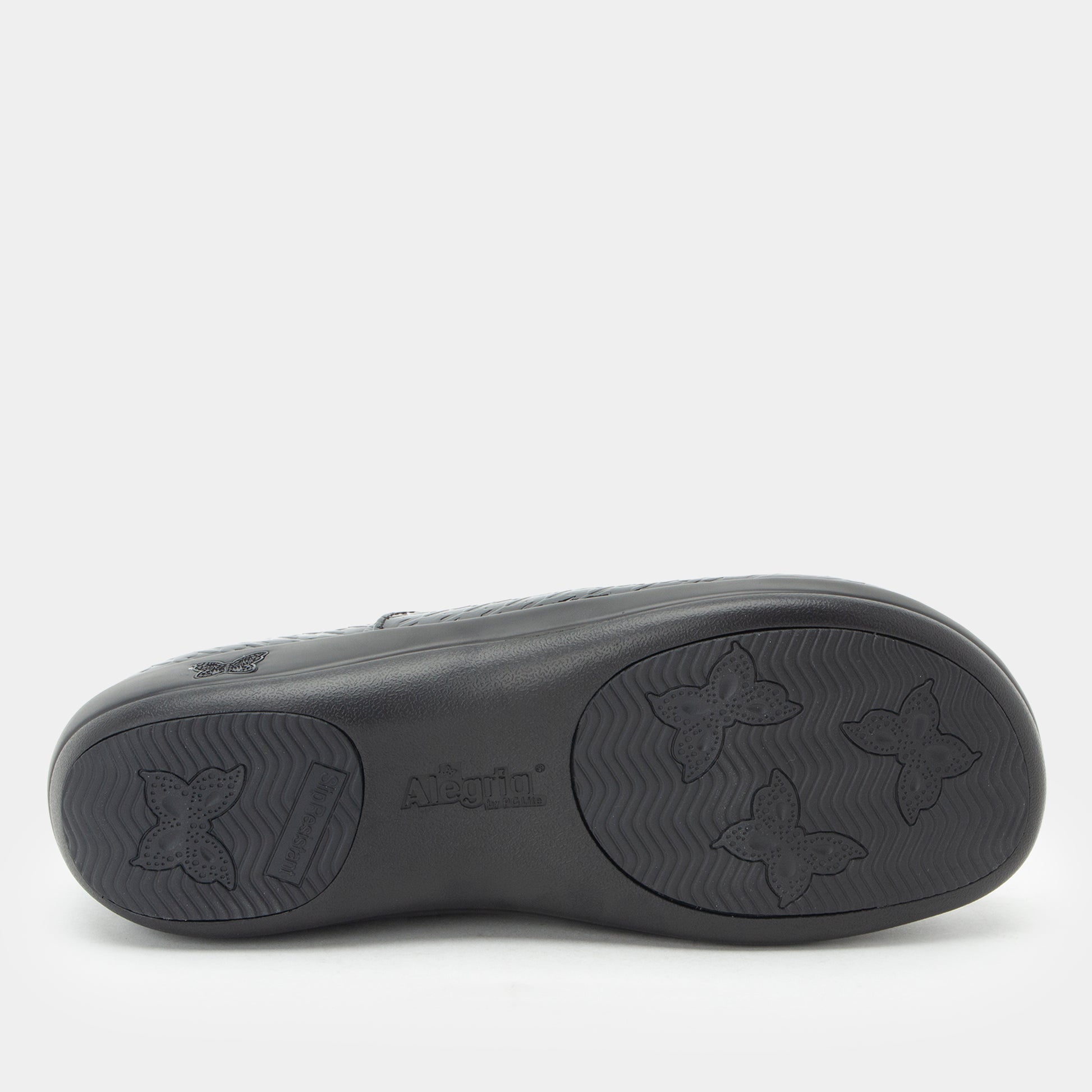 Black shoe sole with butterfly designs and Allbirds logo on a white background