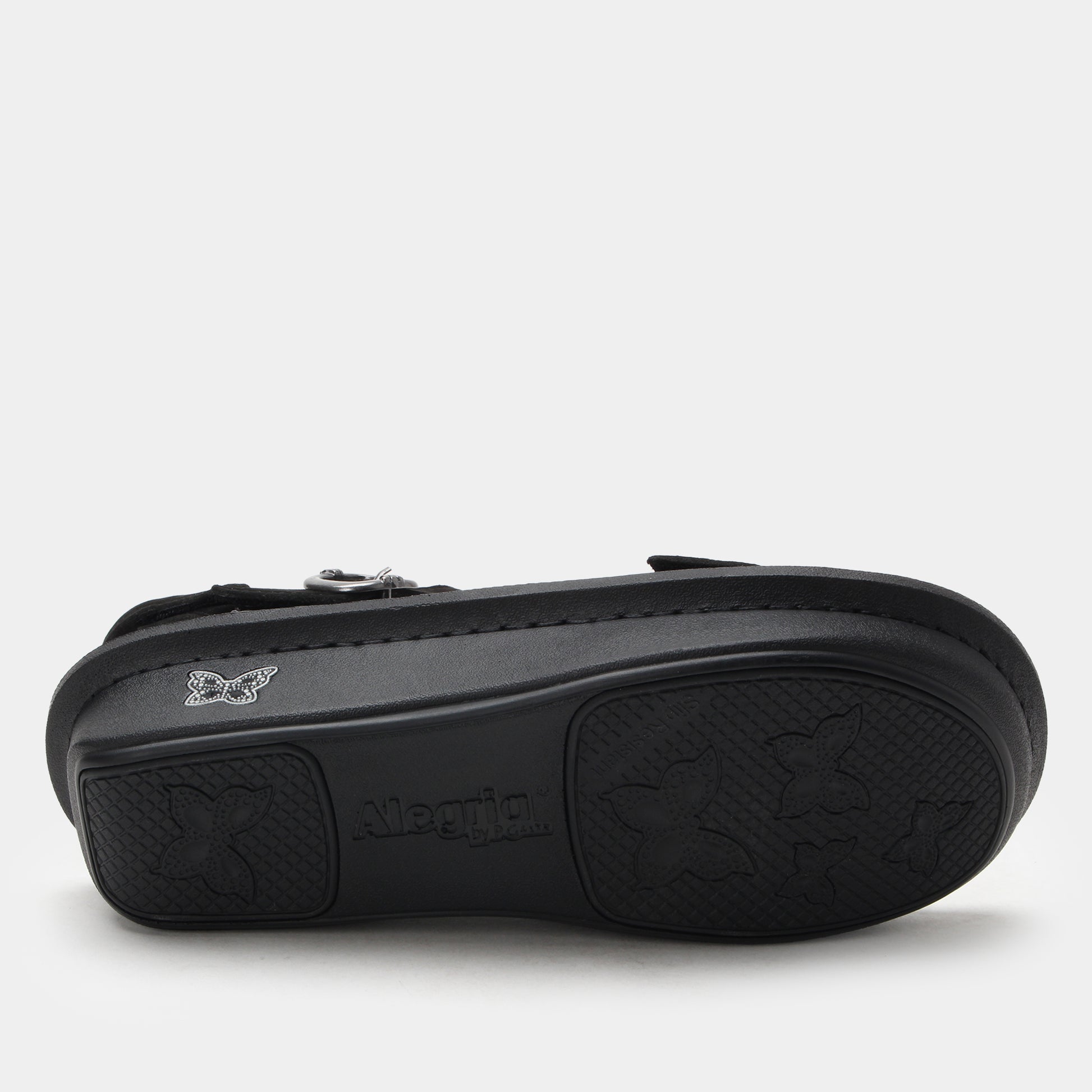 Black sandal with brand logo on a light gray background