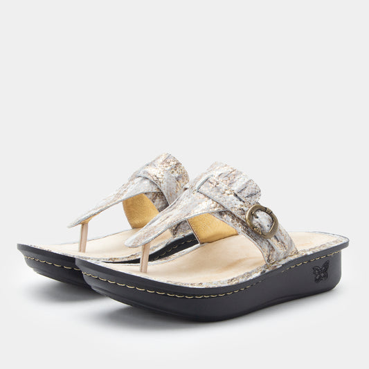 Pair of sandals with metallic accents on a white background