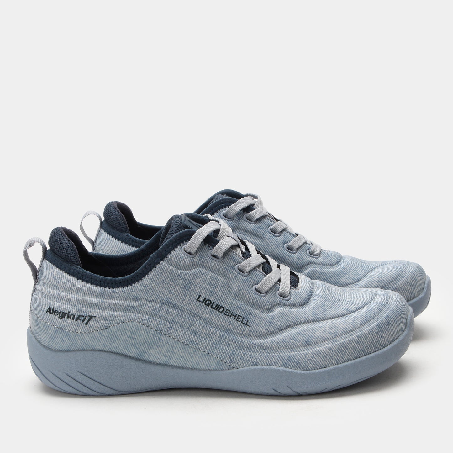 Denim blue sneakers with 'AlegriaFit' and 'LiquidShell' text on a white background