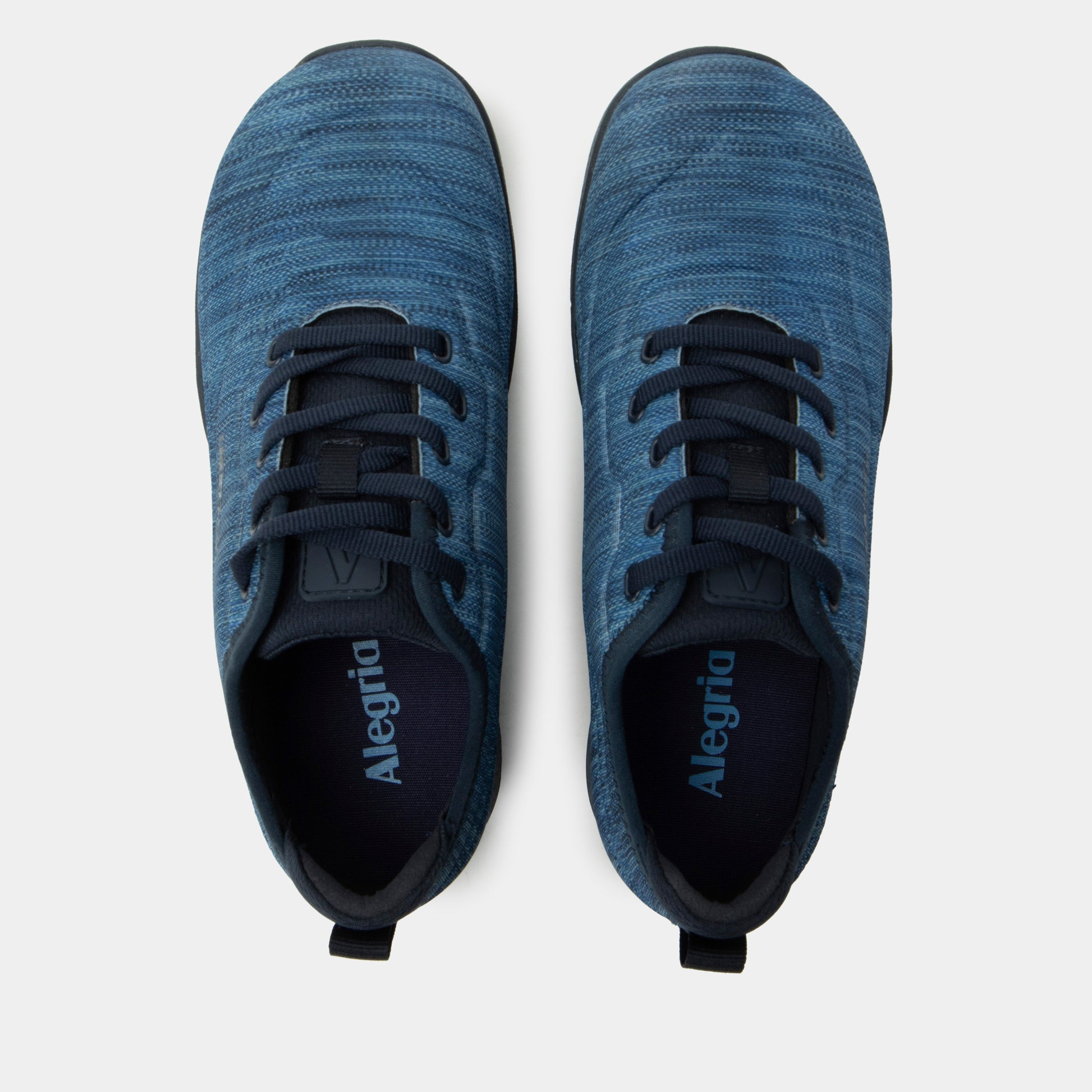 Pair of blue athletic shoes with 'Alegria' branding on a light gray background