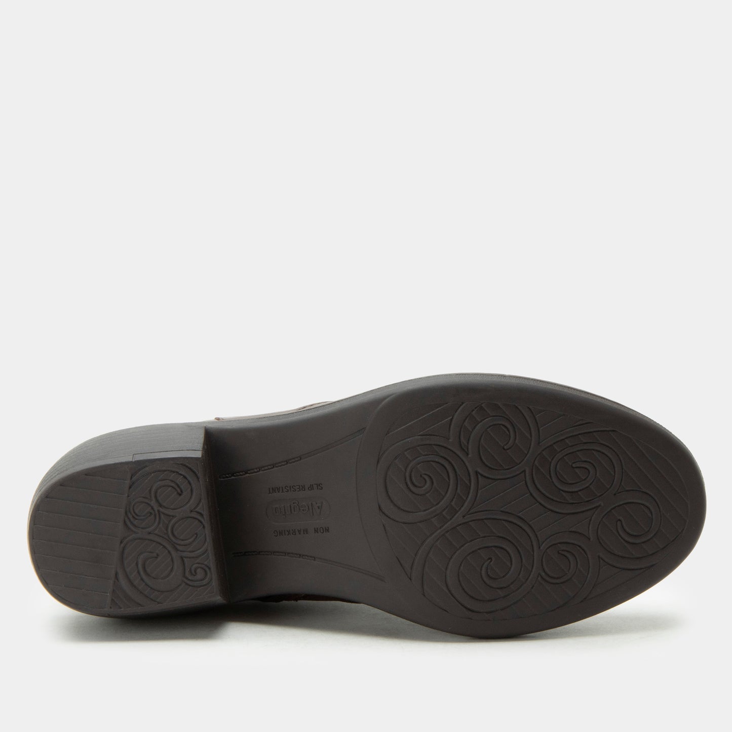 Black shoe sole with brand logo on a white background