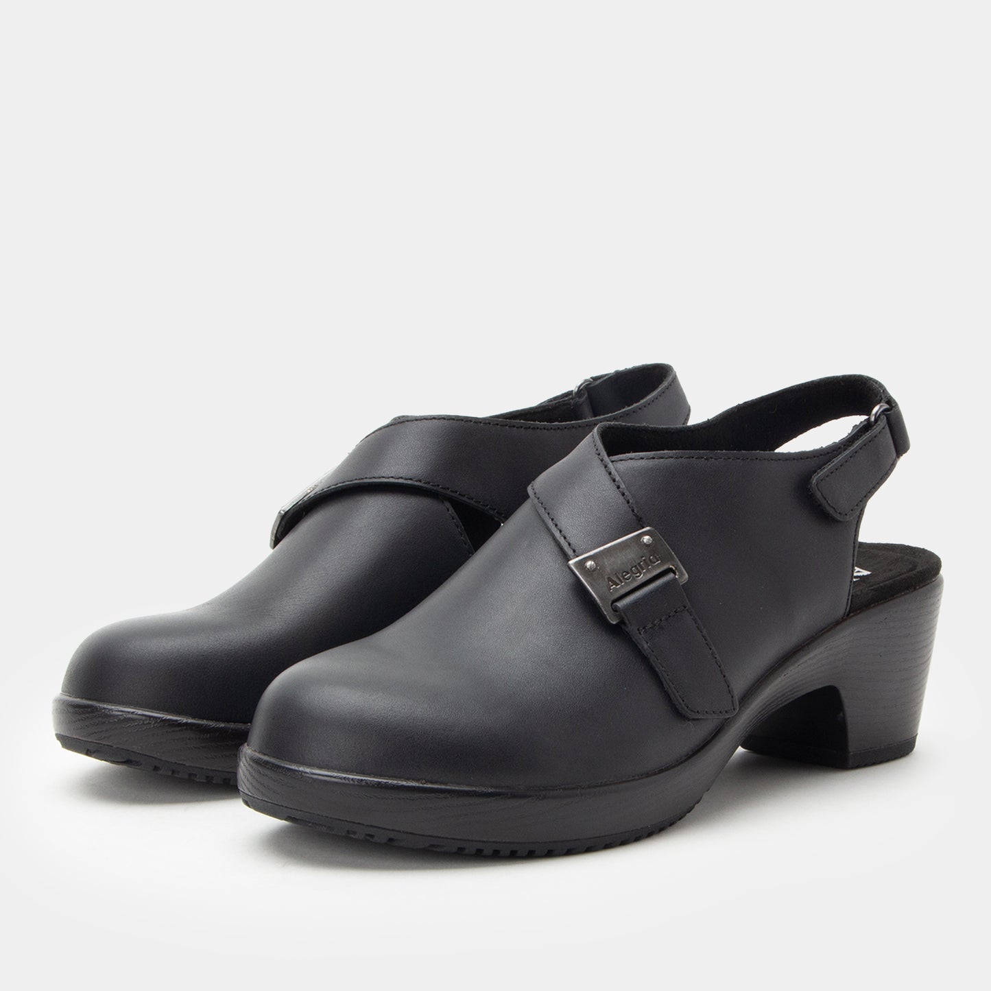 Black clogs with a strap on a white background
