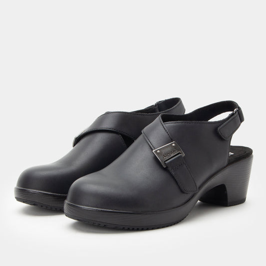 Black clogs with a strap on a white background