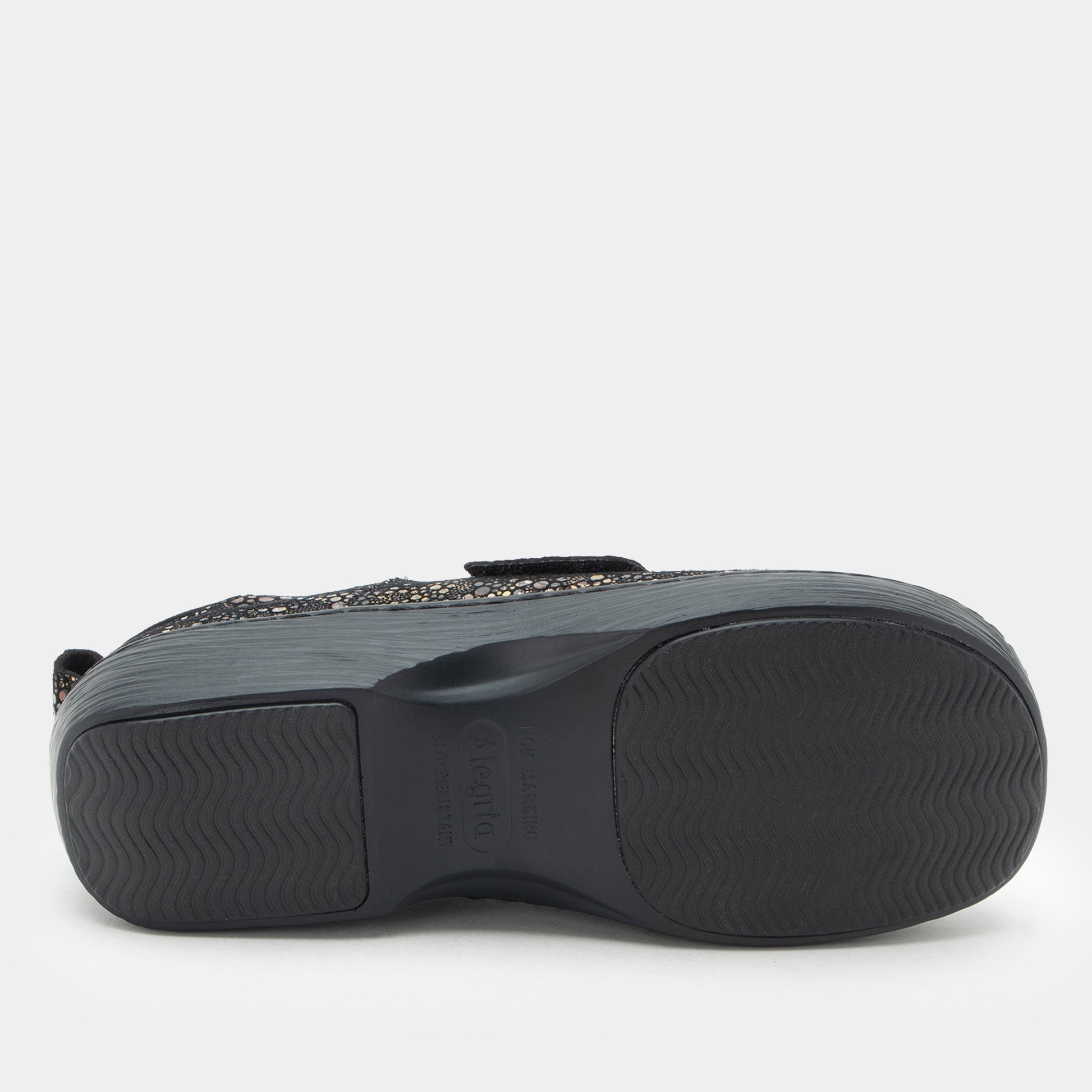 Black shoe sole with brand logo on a white background