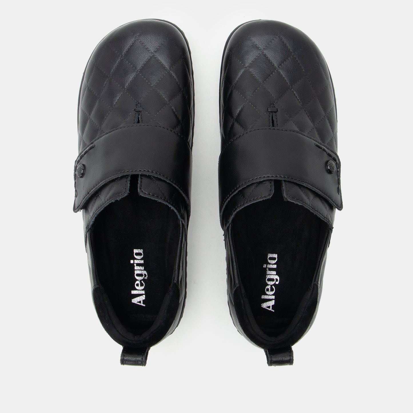 Pair of black Alegria shoes on a white background
