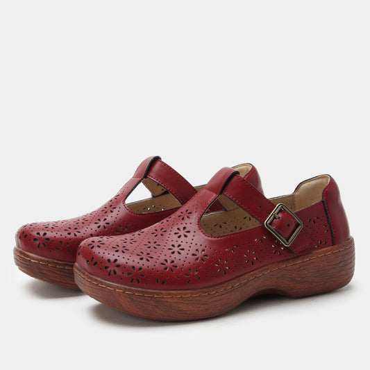 Pair of red clogs with a buckle on a white background