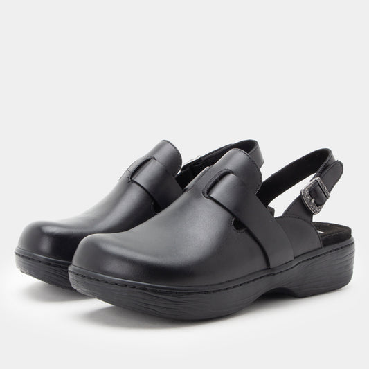Pair of black clogs on a light gray background