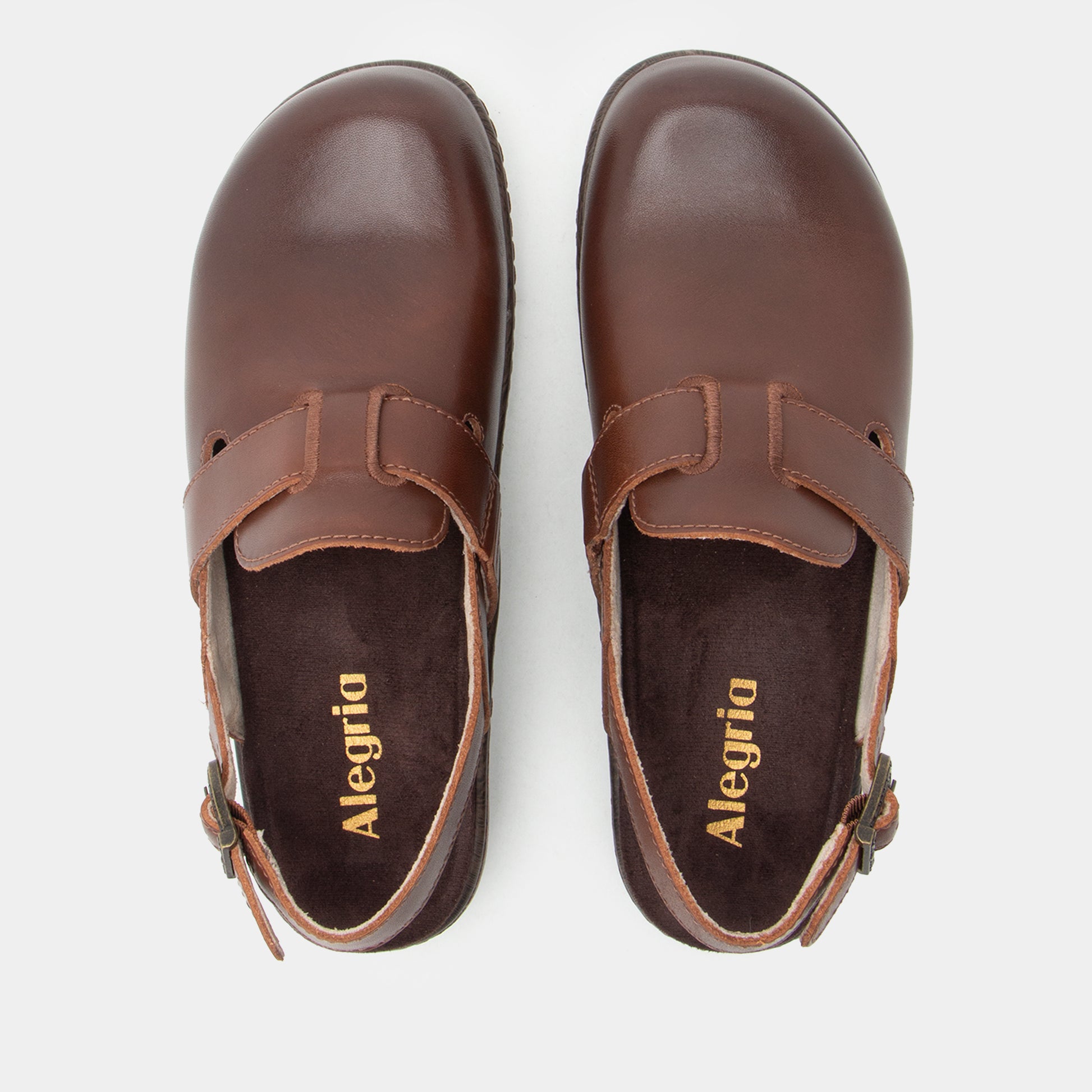 A pair of dark brown leather slip-on shoes with adjustable straps and a small buckle detail on the back, shown from a top-down view on a light gray background. The brand name 'Alegria' is printed in gold on the insoles.