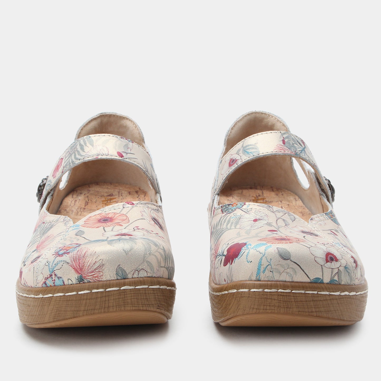 Pair of floral-patterned shoes on a white background