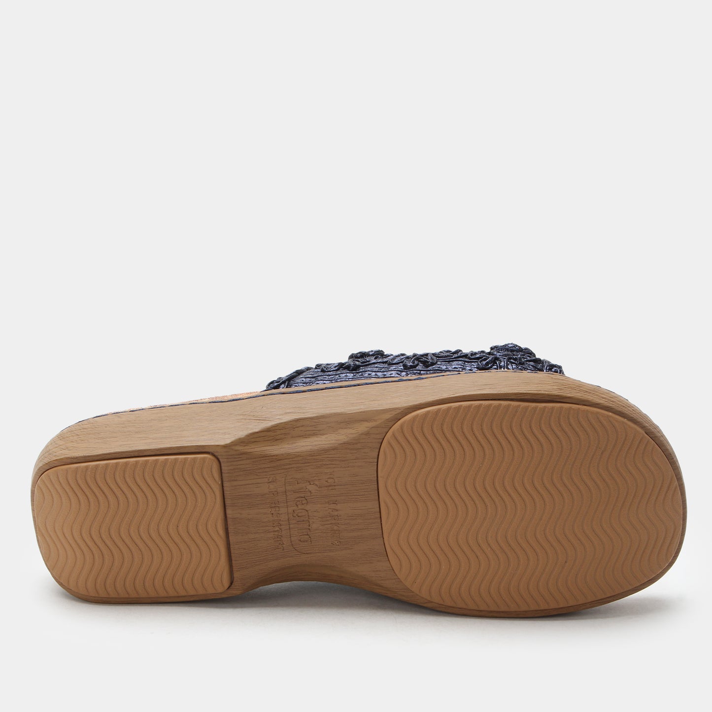 Close-up of a shoe sole with a textured design on a light gray background