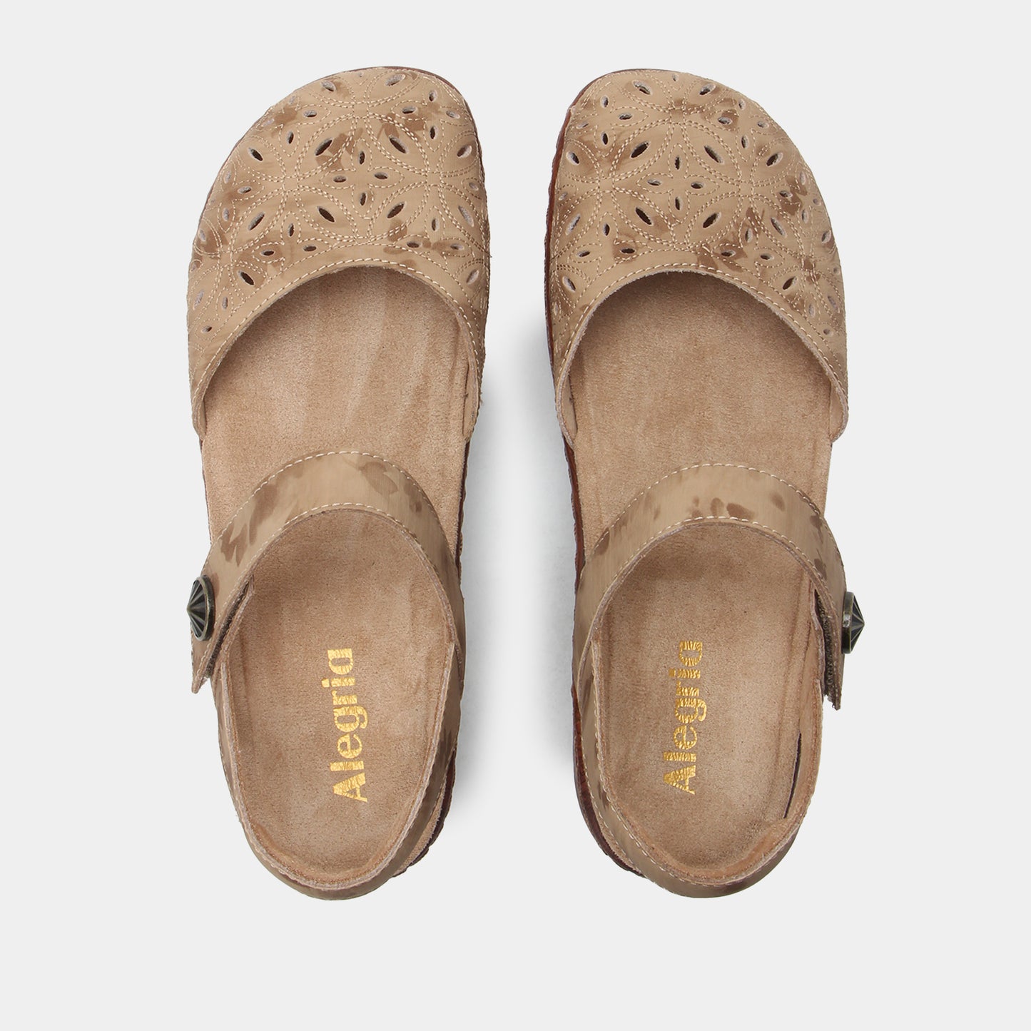 Pair of brown sandals with 'Alegria' branding on a white background