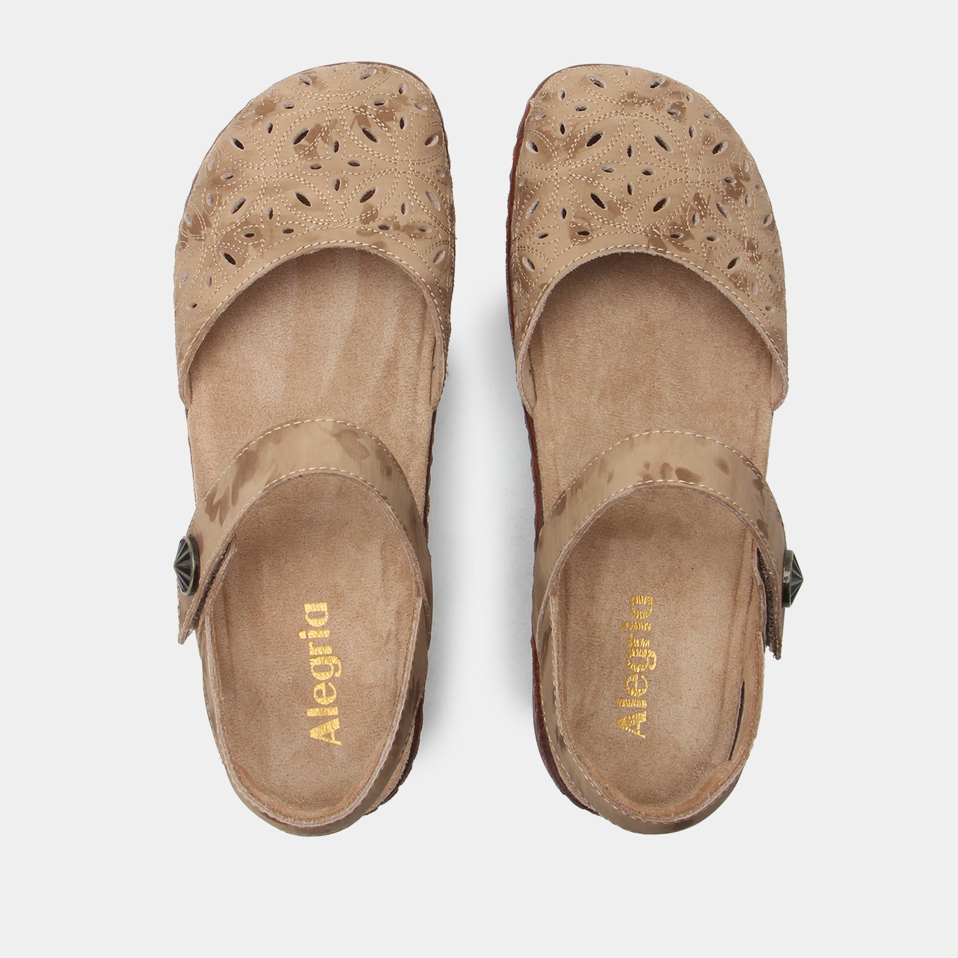 Pair of brown sandals with 'Alegria' branding on a white background