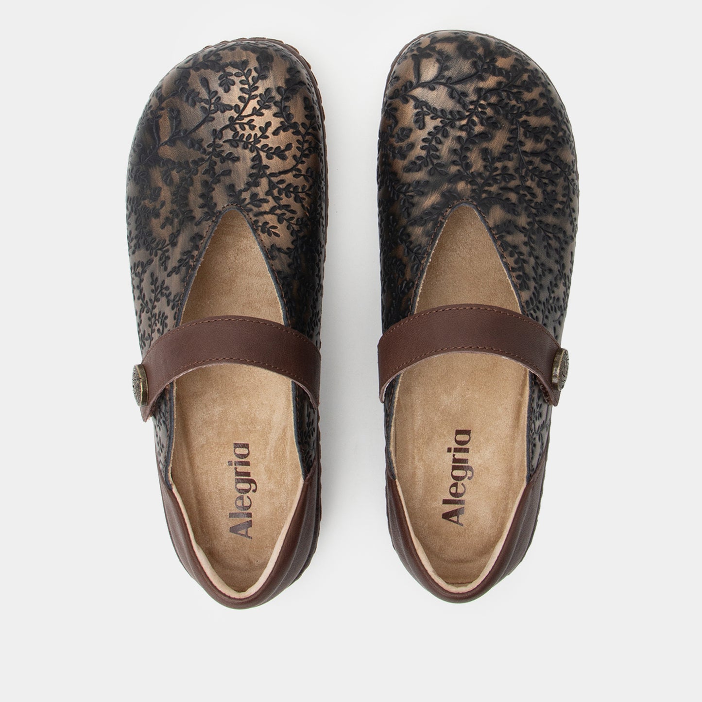 Pair of Alegria shoes with floral pattern and brown strap on a white background